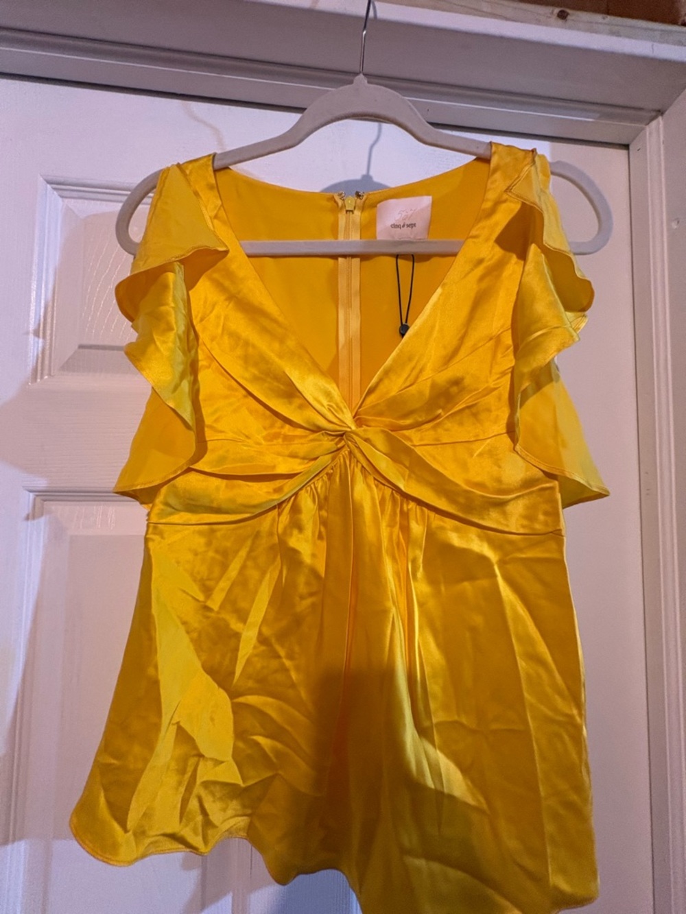 cinq a sept Yellow Silk V-Neck Twist Detail Top